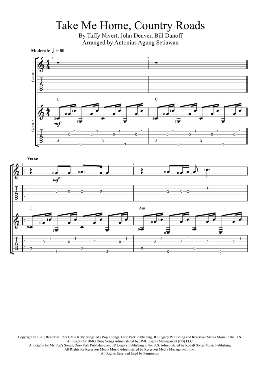 Take Me Home, Country Roads Guitar Ensemble scores gallery preview page 1