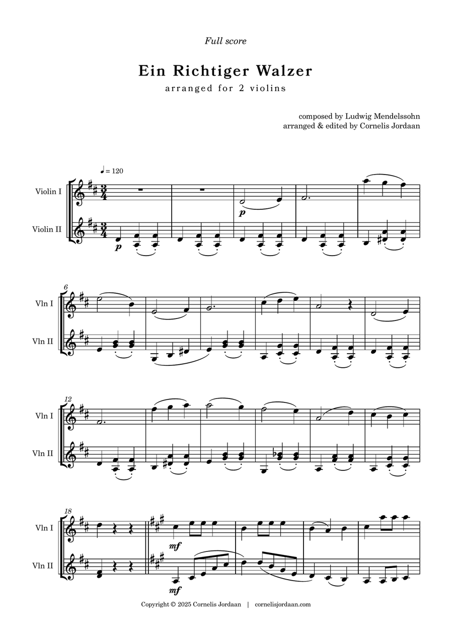 Ein Richtiger Walzer, an easy waltz for 2 violins String Duet scores gallery preview page 1