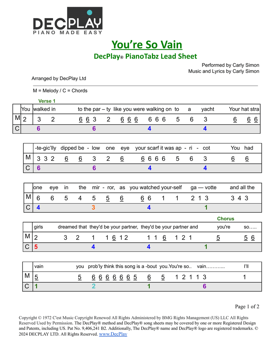 You're So Vain Easy Piano scores gallery preview page 1