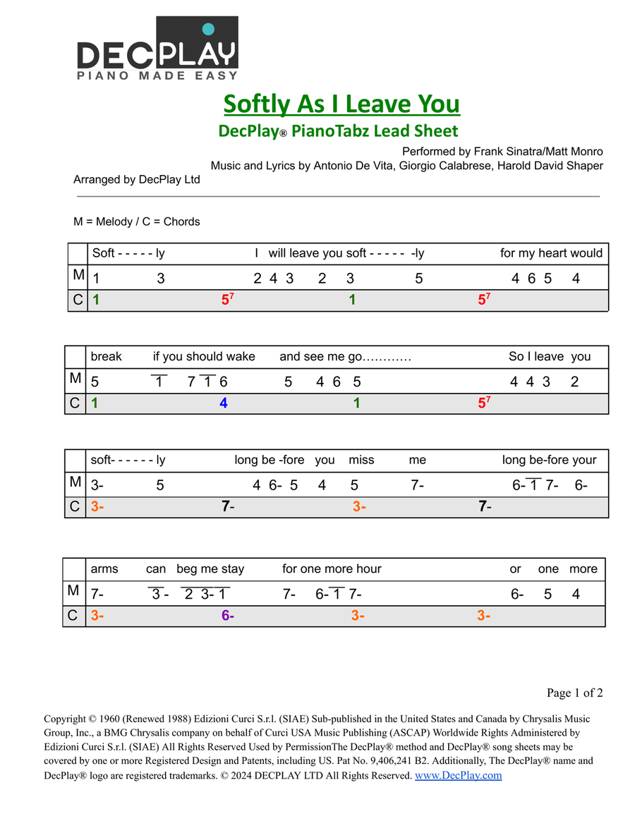 Softly As I Leave You Easy Piano scores gallery preview page 1
