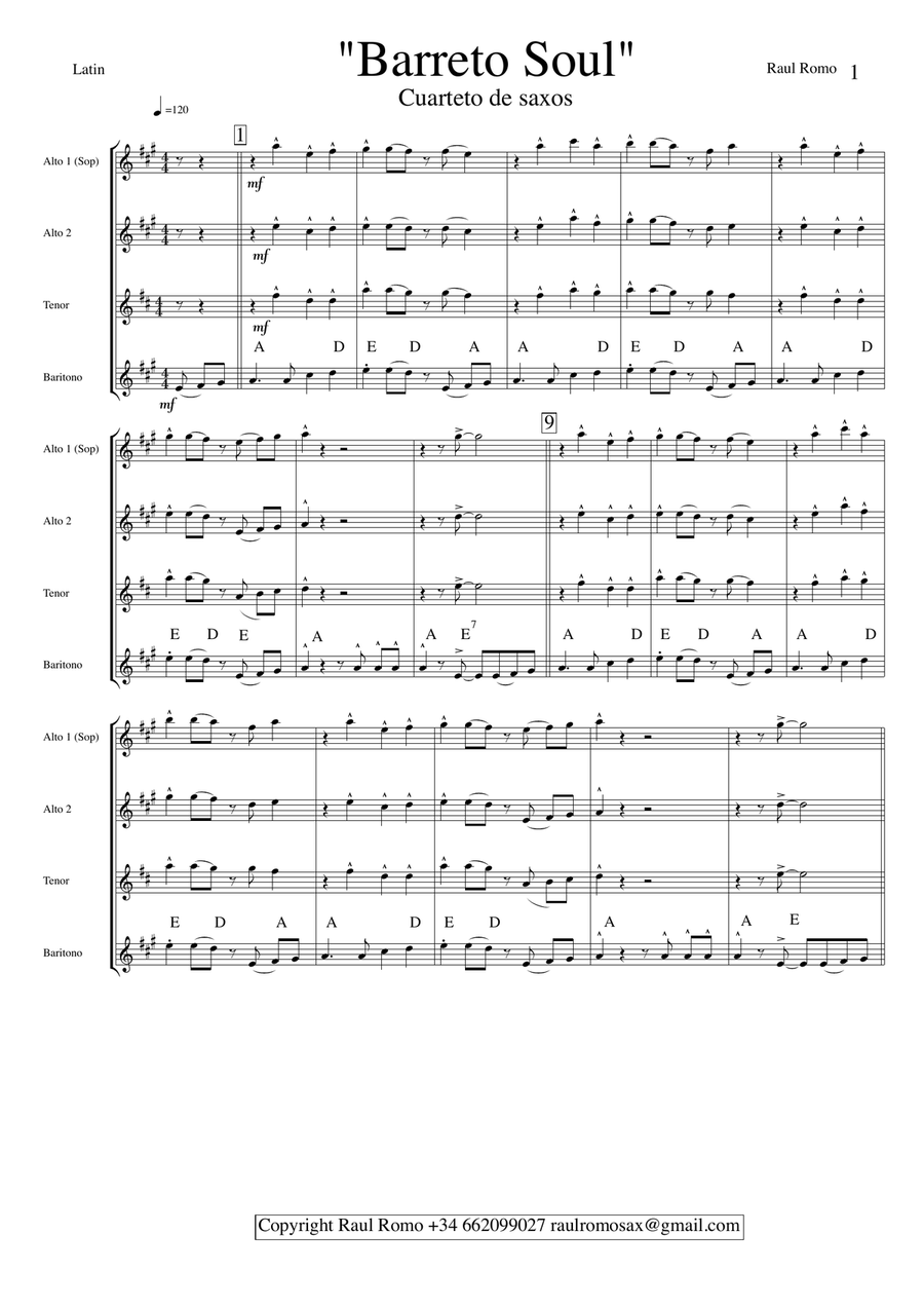 Saxophone Quarttet - BARRETO SOUL Saxophone Quartet scores gallery preview page 1