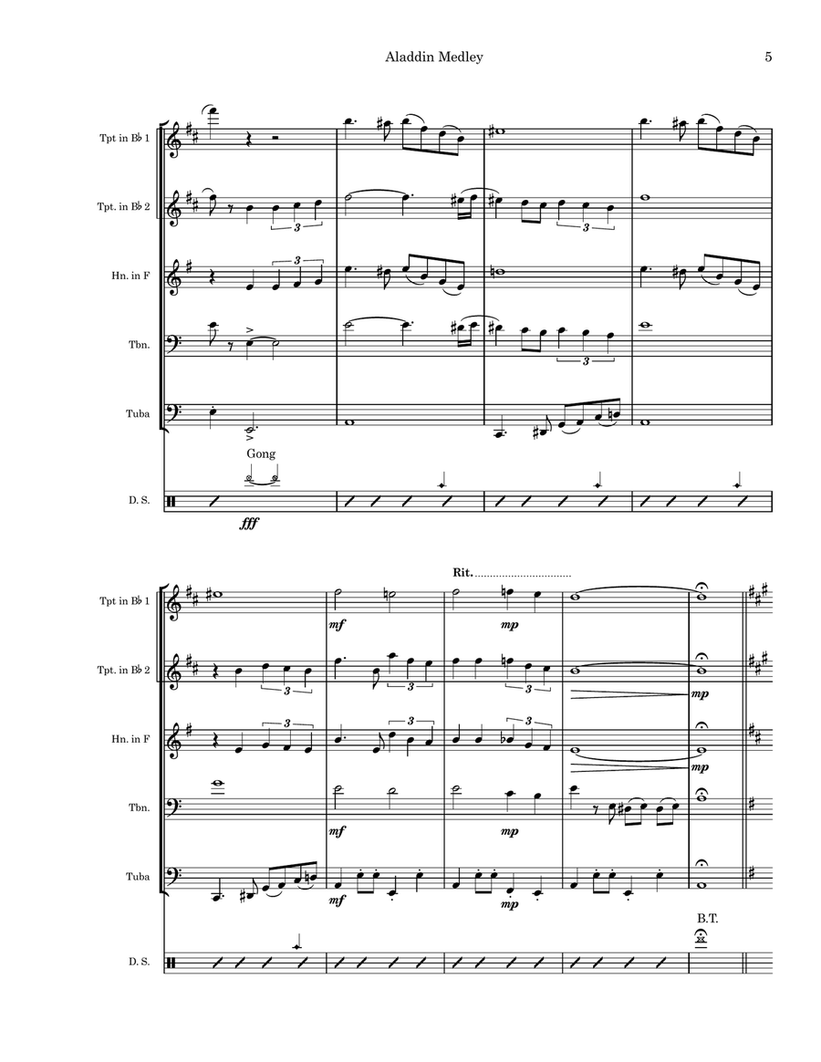 Medley: Arabian Nights with One Jump Ahead, Friend Like Me, Prince Ali, and A Whole New World Brass Quintet scores gallery preview page 6