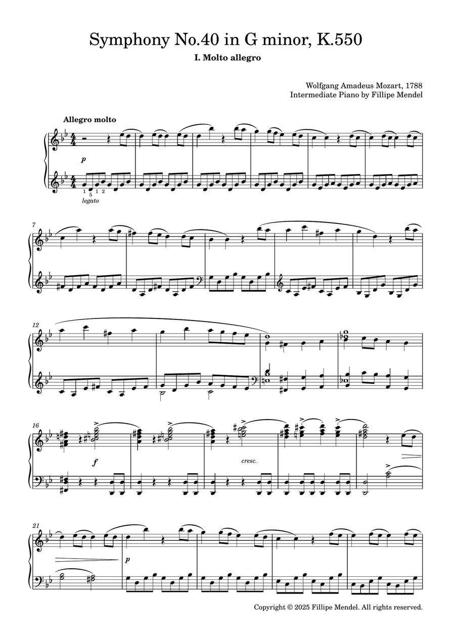 Mozart - Symphony No.40 in G minor, K.550 I. Molto allegro Piano Solo scores gallery preview page 2
