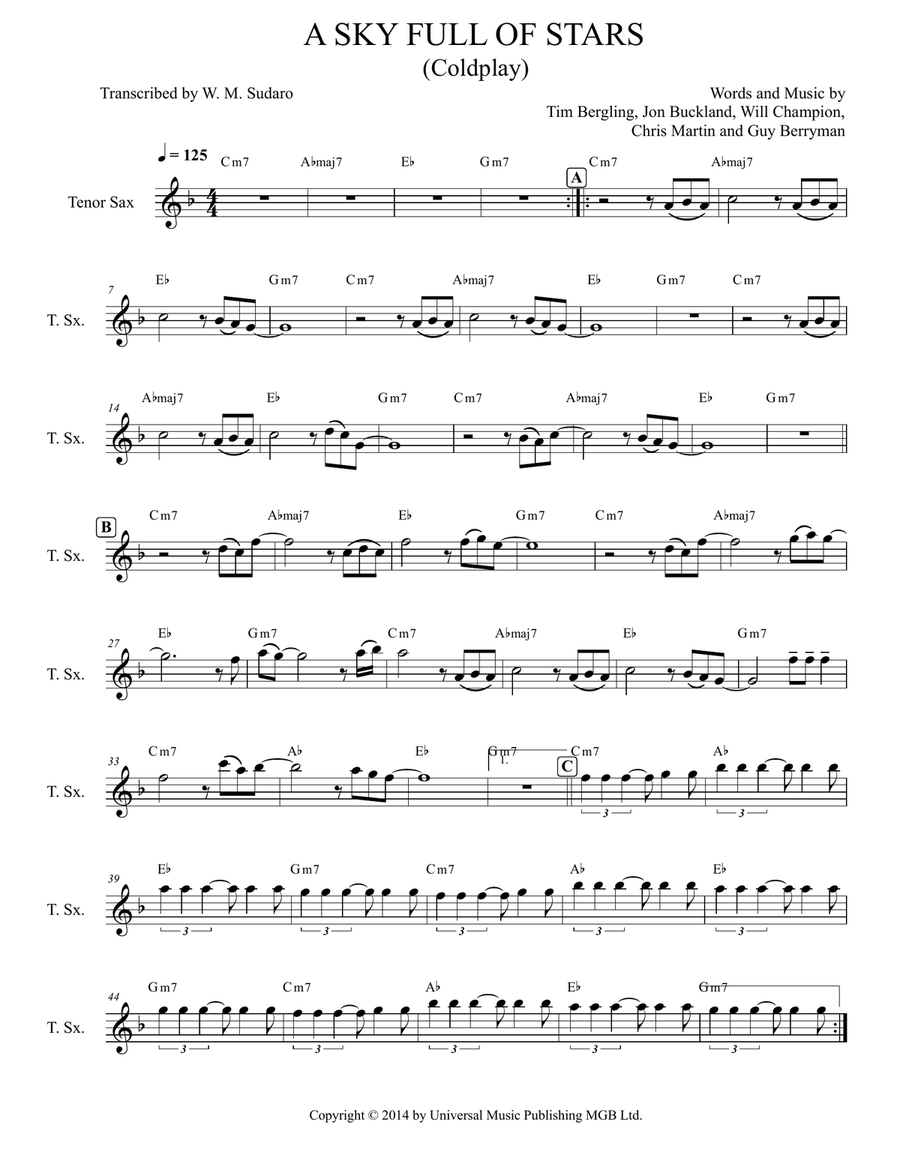 A Sky Full Of Stars A Sky Full Of Stars Tenor Saxophone scores gallery preview page 1