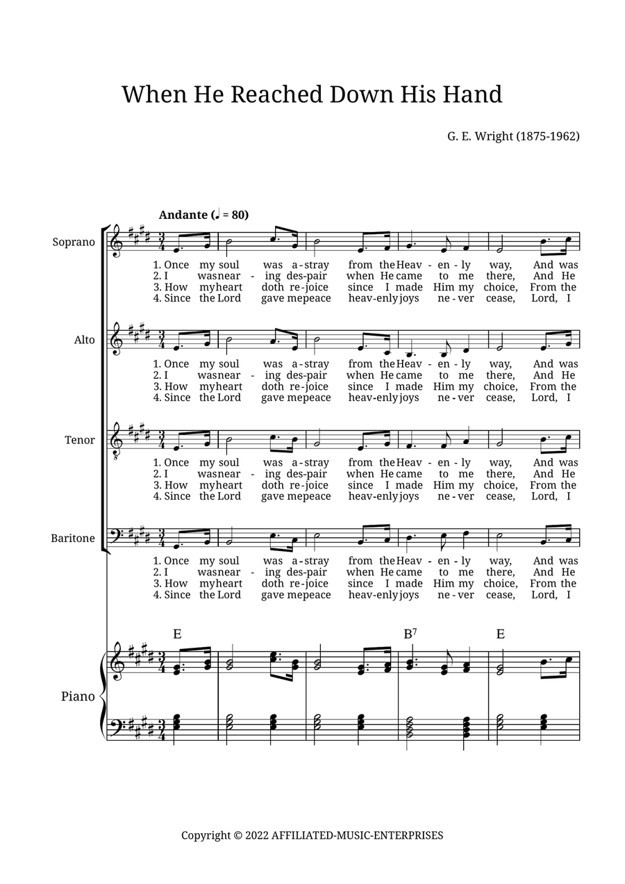 When He Reached Down His Hand For Me 4-Part scores gallery preview page 1