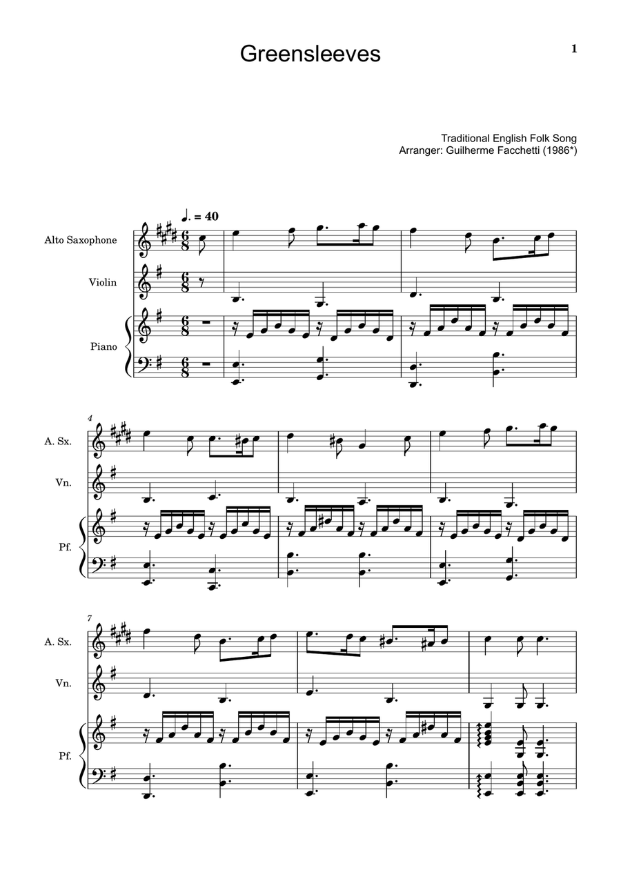 Greensleeves - A. Sax., Violin and Piano. Score and Parts. Small Ensemble scores gallery preview page 1