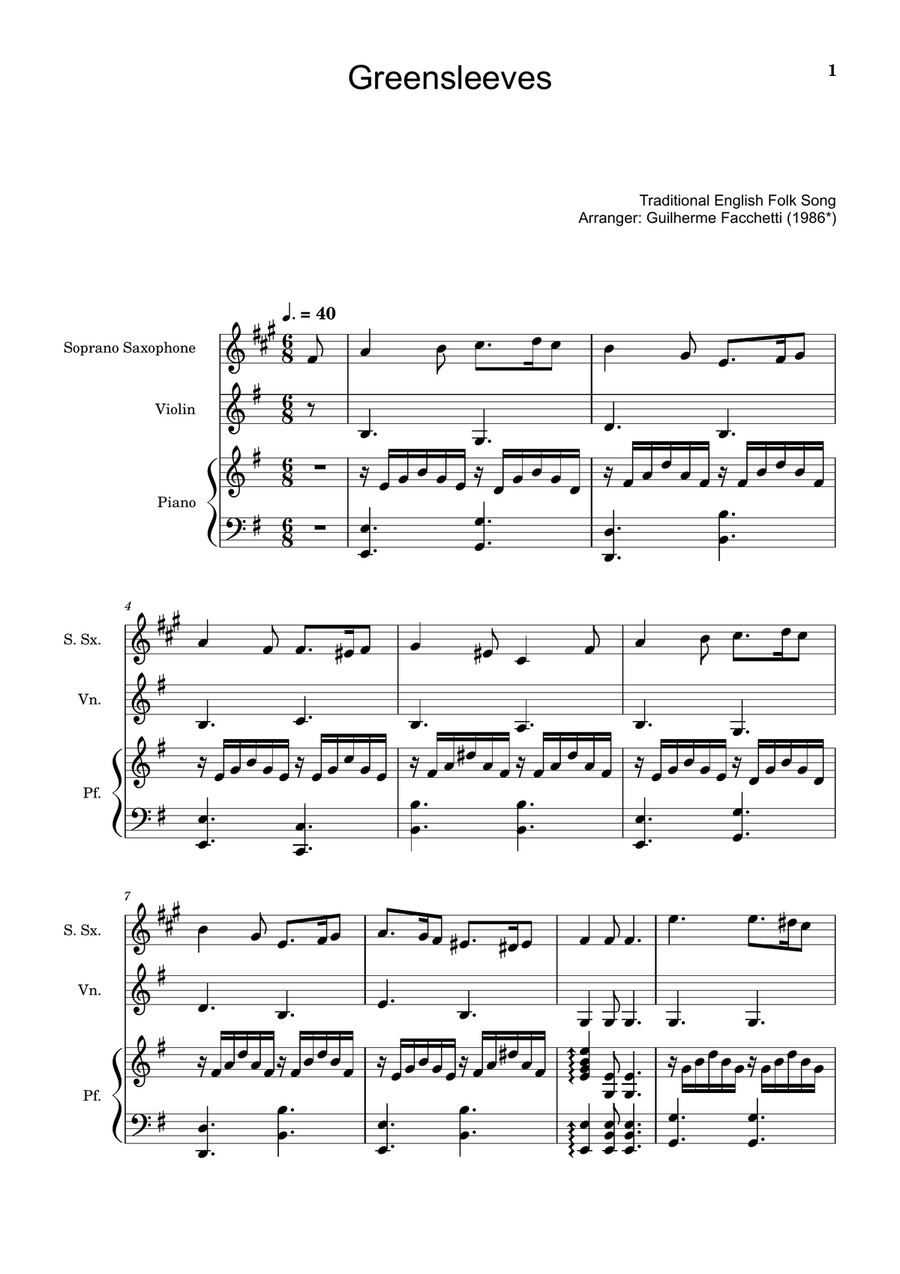 Greensleeves - S. Sax., Violin and Piano. Score and Parts. Small Ensemble scores gallery preview page 1