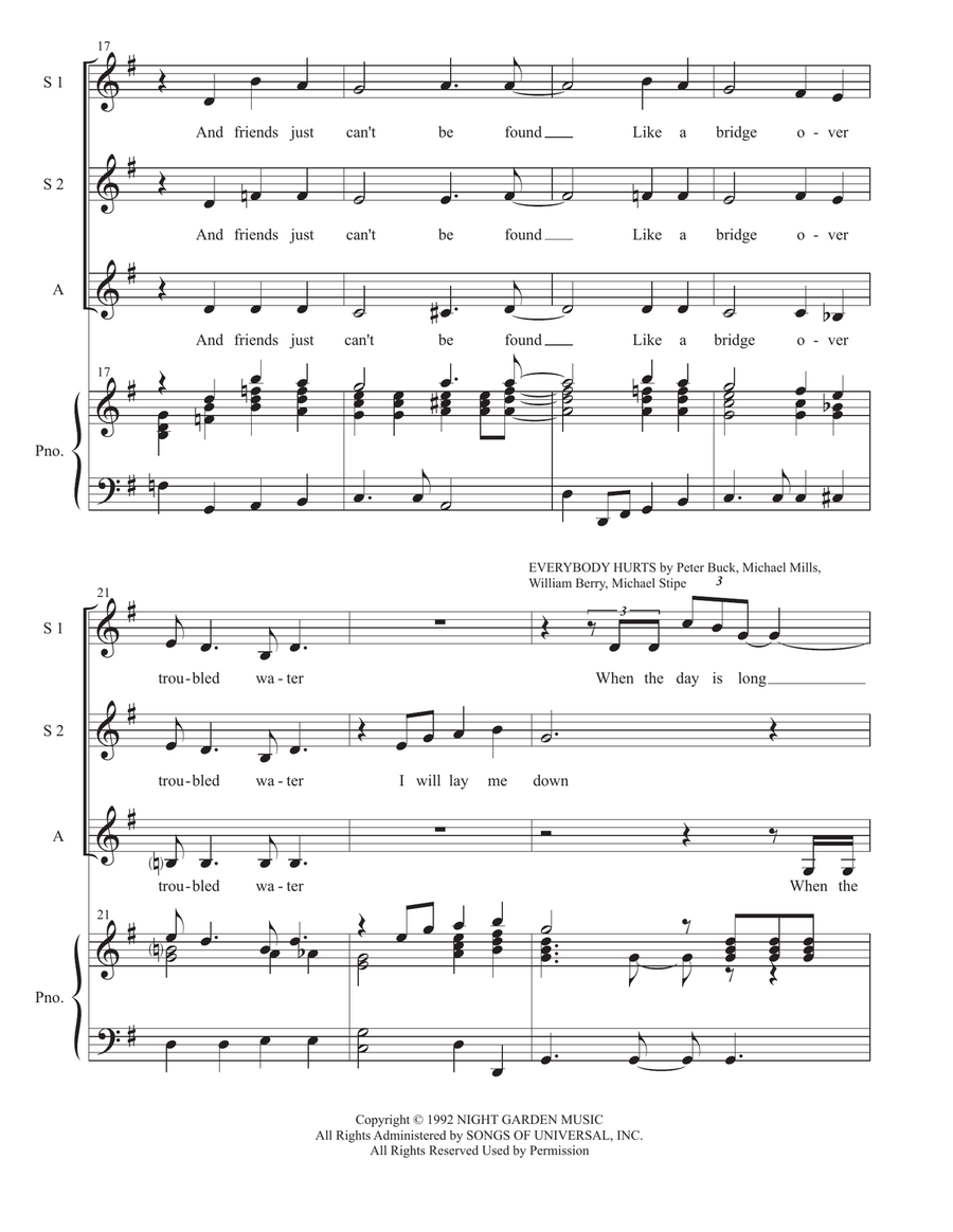 Medley: Bridge Over Troubled Water with Everybody Hurts, All I Can Do, Fix You, and Yellow SSA scores gallery preview page 3