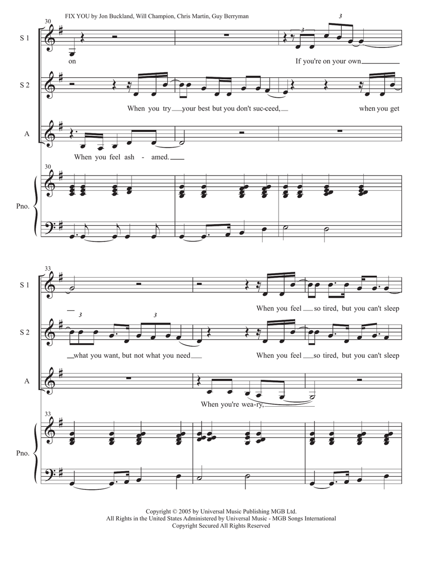 Medley: Bridge Over Troubled Water with Everybody Hurts, All I Can Do, Fix You, and Yellow SSA scores gallery preview page 5