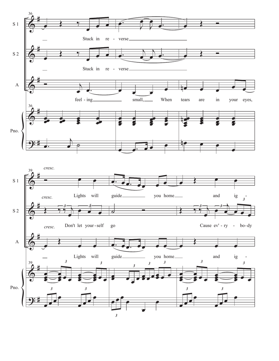Medley: Bridge Over Troubled Water with Everybody Hurts, All I Can Do, Fix You, and Yellow SSA scores gallery preview page 6