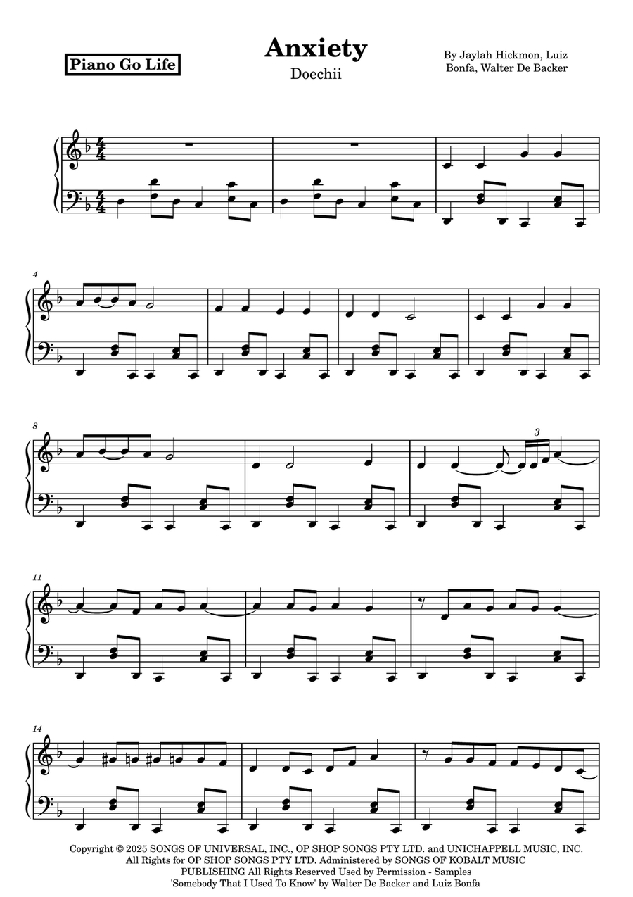 Anxiety Anxiety Piano Solo scores gallery preview page 1