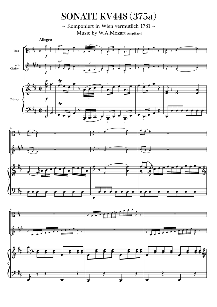 Sonta for 2 Pianos D major KV448 6.375a / Viola & Clarinet, Piano trio B-Flat Clarinet scores gallery preview page 1