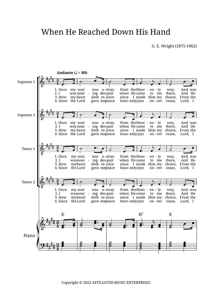 When He Reached Down His Hand For Me 4-Part scores gallery preview page 1