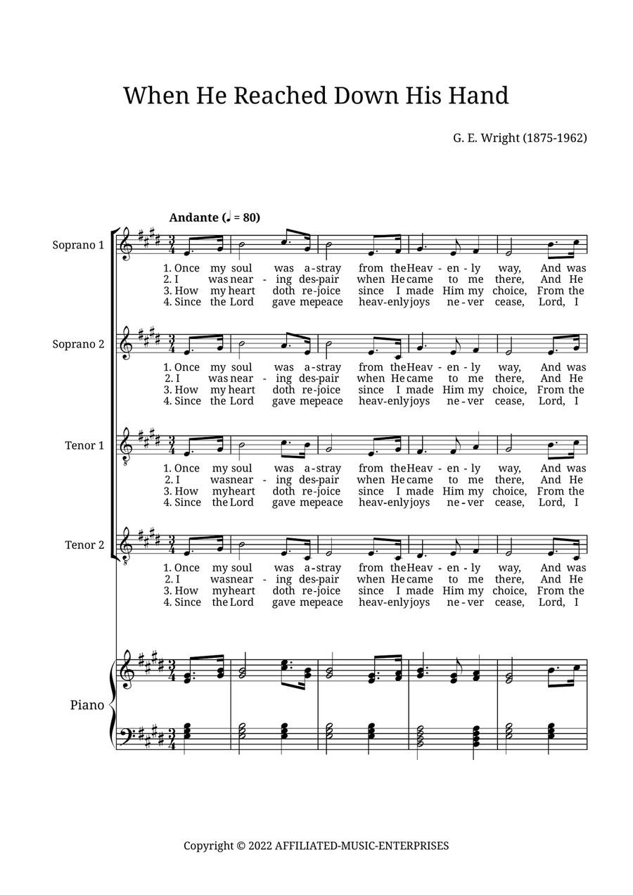 When He Reached Down His Hand For Me 4-Part scores gallery preview page 1