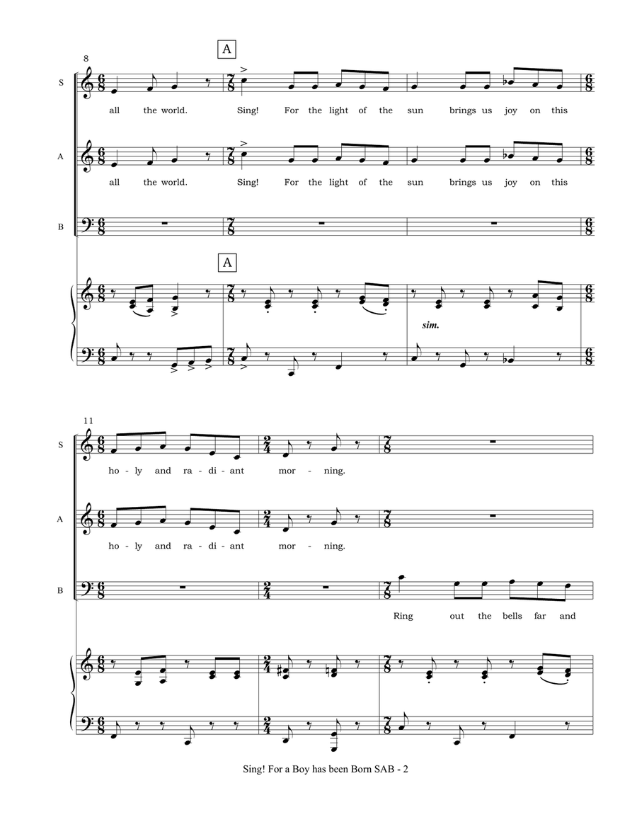 Sing! For a Boy has Been Born (SAB accompanied) 3-Part scores gallery preview page 3