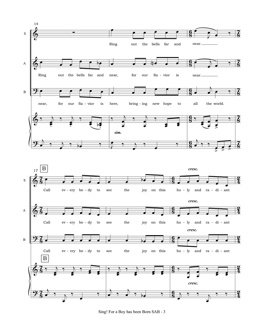 Sing! For a Boy has Been Born (SAB accompanied) 3-Part scores gallery preview page 4