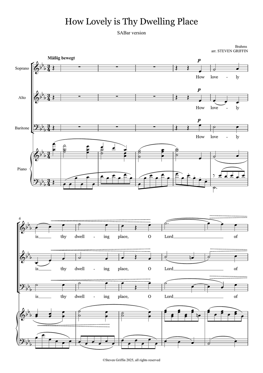 How Lovely is Thy Dwelling Place (SABar & piano) 3-Part scores gallery preview page 1