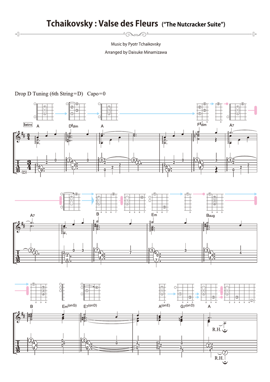 Tchaikovsky : Valse des Fleurs - from “The Nutcracker Suite” [for solo acoustic guitar] Acoustic Guitar scores gallery preview page 1