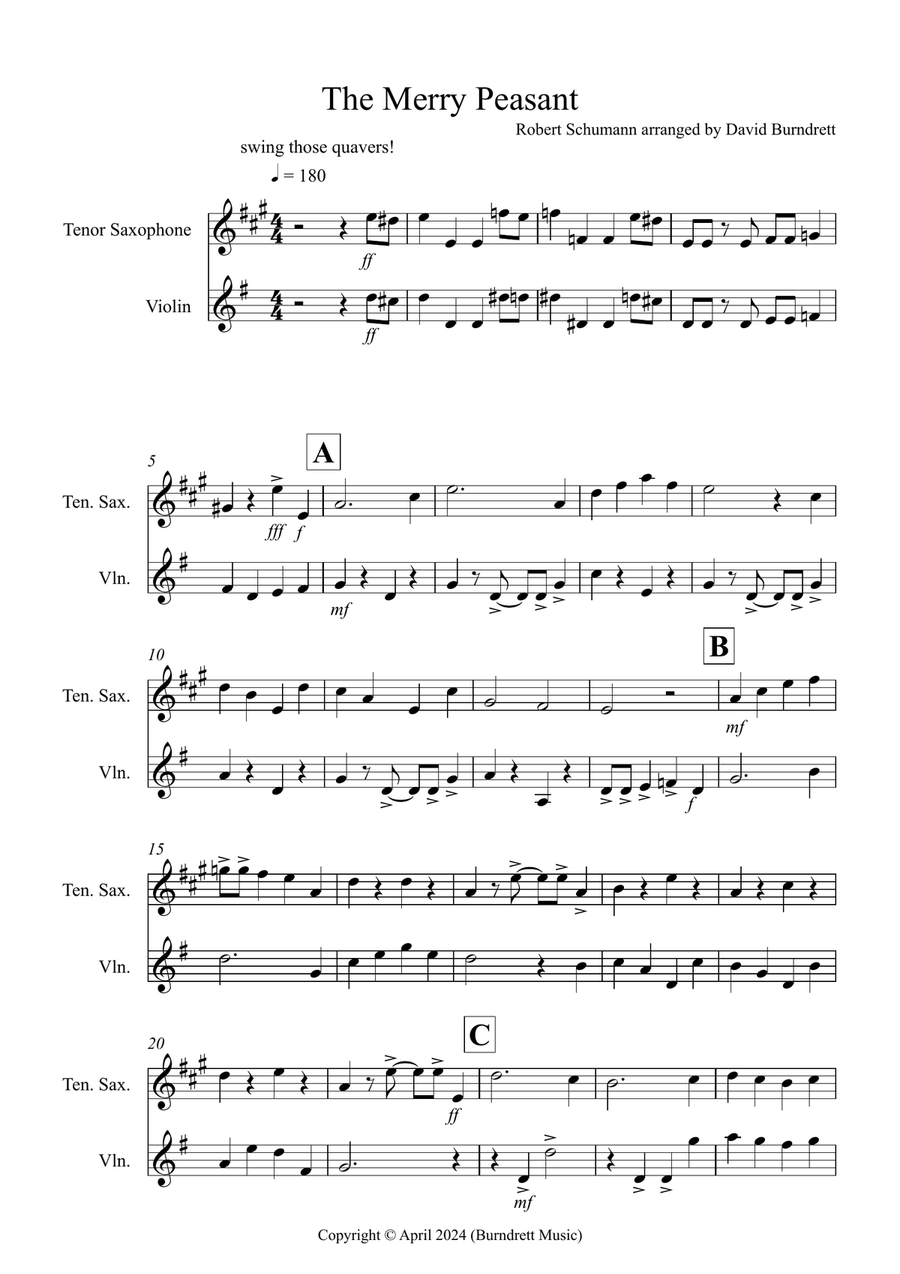 The Merry Peasant (Jazzy Style!) for Tenor Saxophone and Violin Duet Tenor Saxophone scores gallery preview page 1