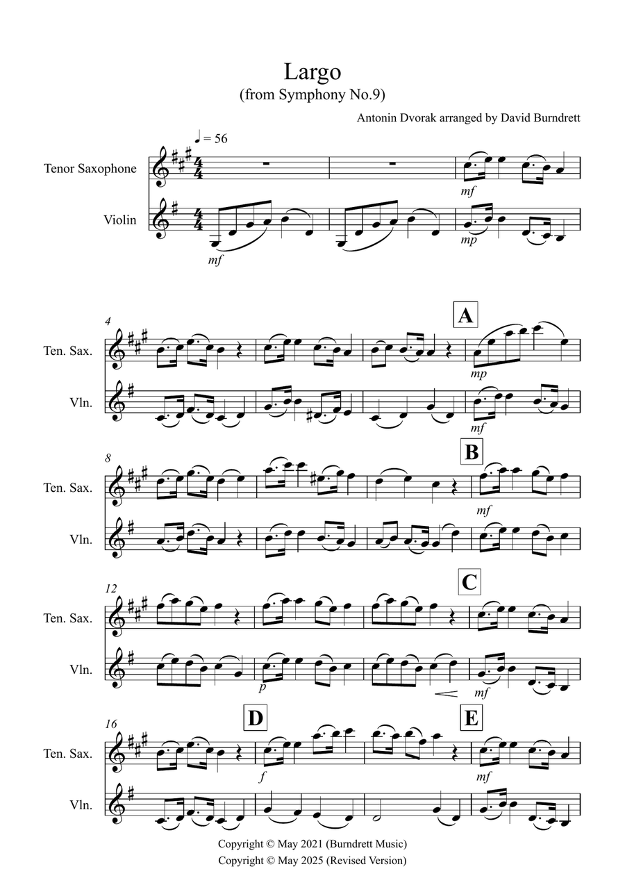 Largo (from The New Word) for Tenor Saxophone and Violin Duet Tenor Saxophone scores gallery preview page 1