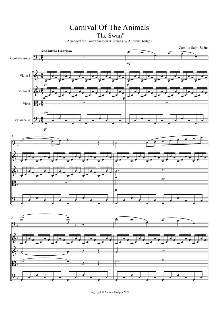 The Swan - Carnival Of The Animals - Arranged for ContraBassoon & Strings Chamber Music scores gallery preview page 1