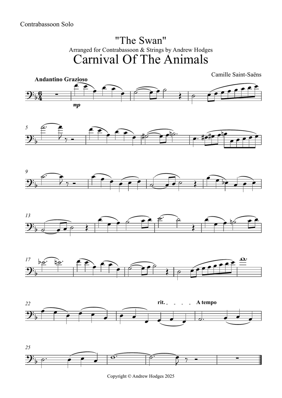The Swan - Carnival Of The Animals - Arranged for ContraBassoon & Strings Chamber Music scores gallery preview page 5