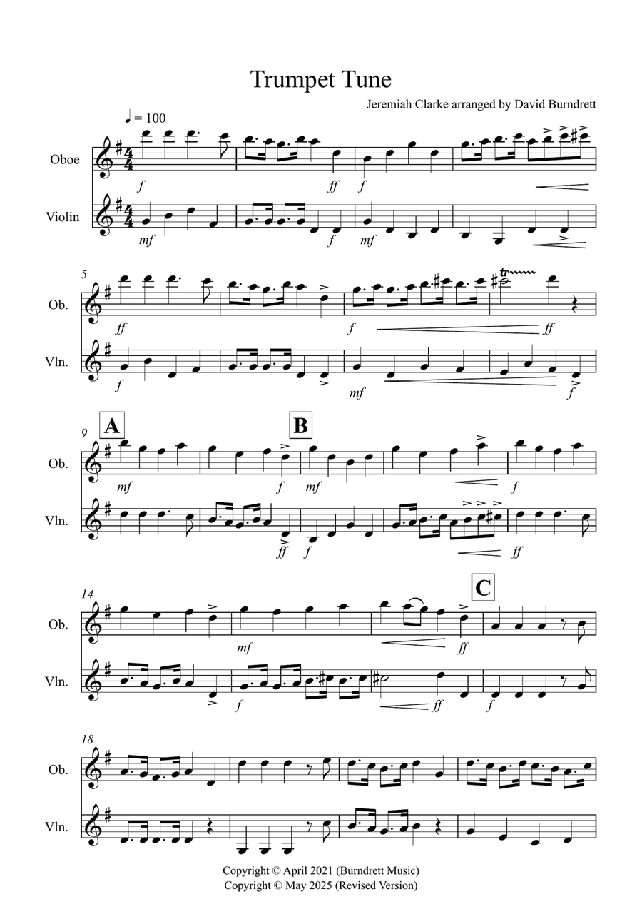 Trumpet Tune for Oboe and Violin Duet Oboe scores gallery preview page 1
