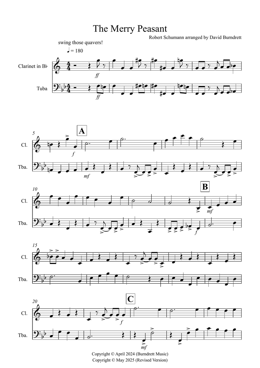 The Merry Peasant (Jazzy Style!) for Clarinet and Tuba Duet B-Flat Clarinet scores gallery preview page 1