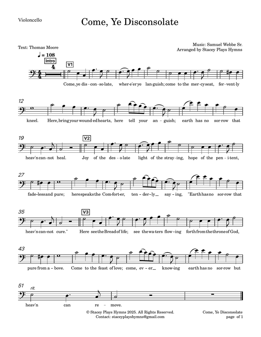 Come, Ye Disconsolate - Cello Solo for Church Services and Funerals Piano scores gallery preview page 2