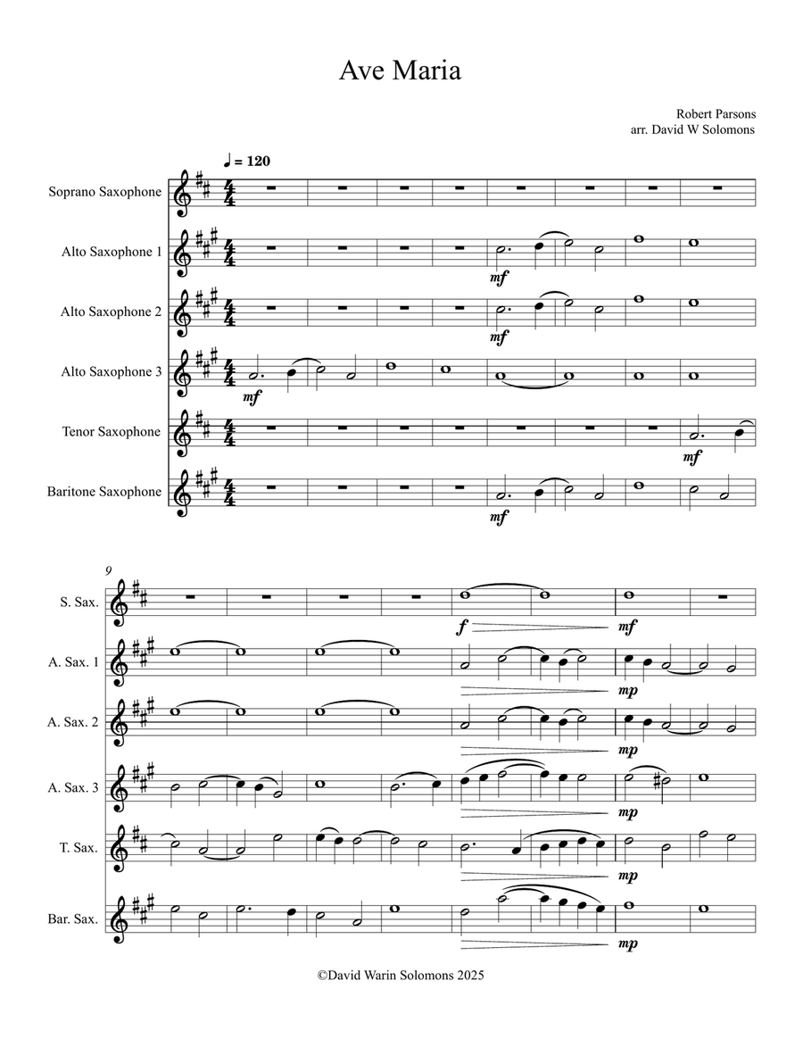 Robert Parsons Ave Maria arranged for saxophone sextet Woodwind Ensemble scores gallery preview page 1