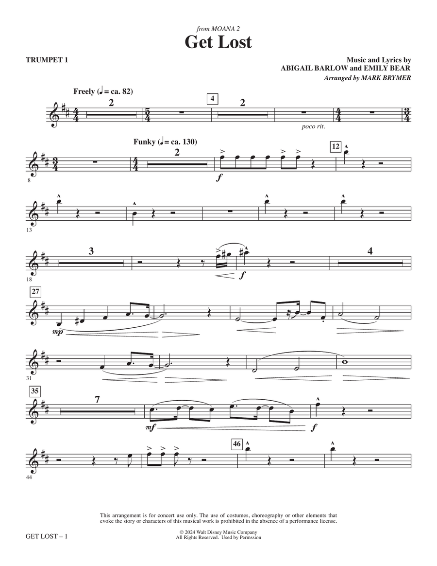 Get Lost (from Moana 2) (arr. Mark Brymer) - Trumpet 1 Choir scores gallery preview page 1