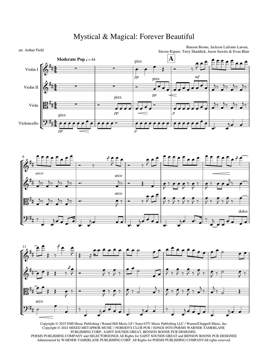 Medley: Mystical Magical with Beautiful Things and Forever And A Day String Quartet scores gallery preview page 1
