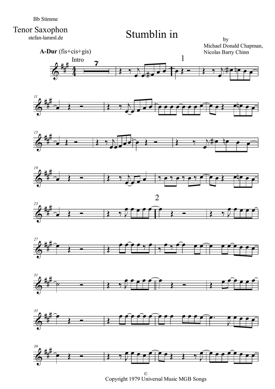 Stumblin' In Stumblin' In Tenor Saxophone scores gallery preview page 1