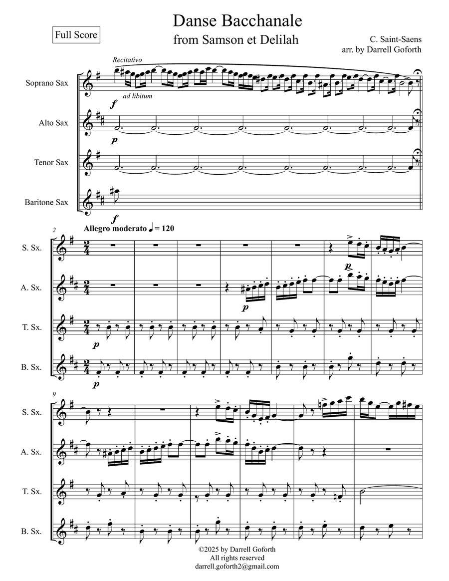 Danse Bacchanale from Samson et Delilah for Saxophone Quartet Saxophone Quartet scores gallery preview page 2