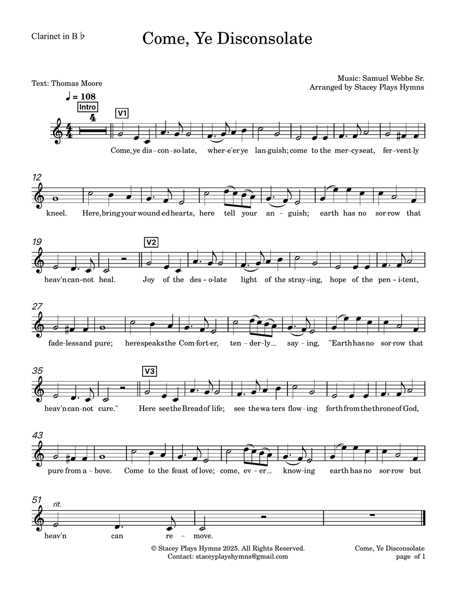 Come, Ye Disconsolate - Clarinet Solo for Church Services and Funerals B-Flat Clarinet scores gallery preview page 2