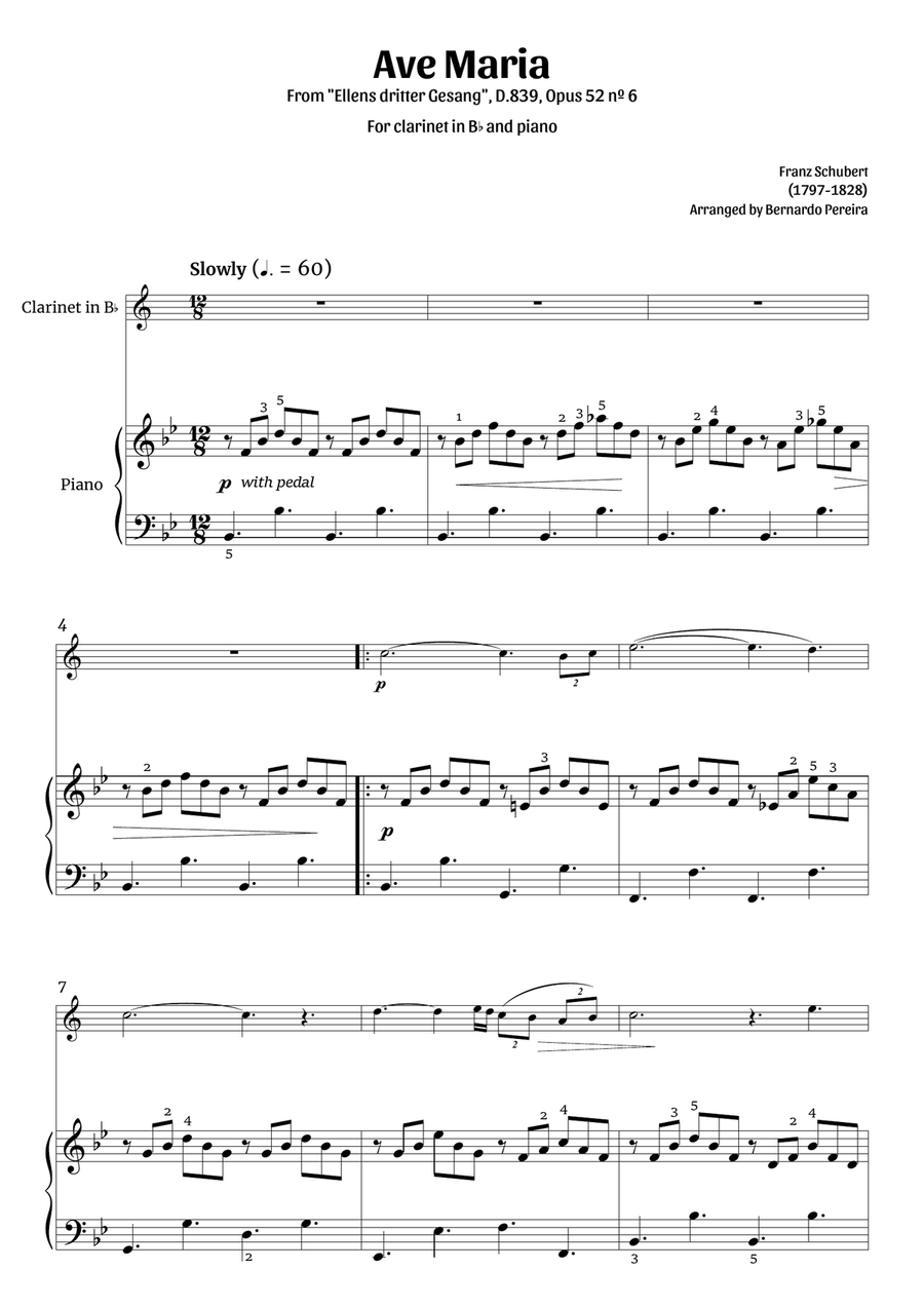 Ave Maria (clarinet and piano – clean with fingering) B-Flat Clarinet scores gallery preview page 1