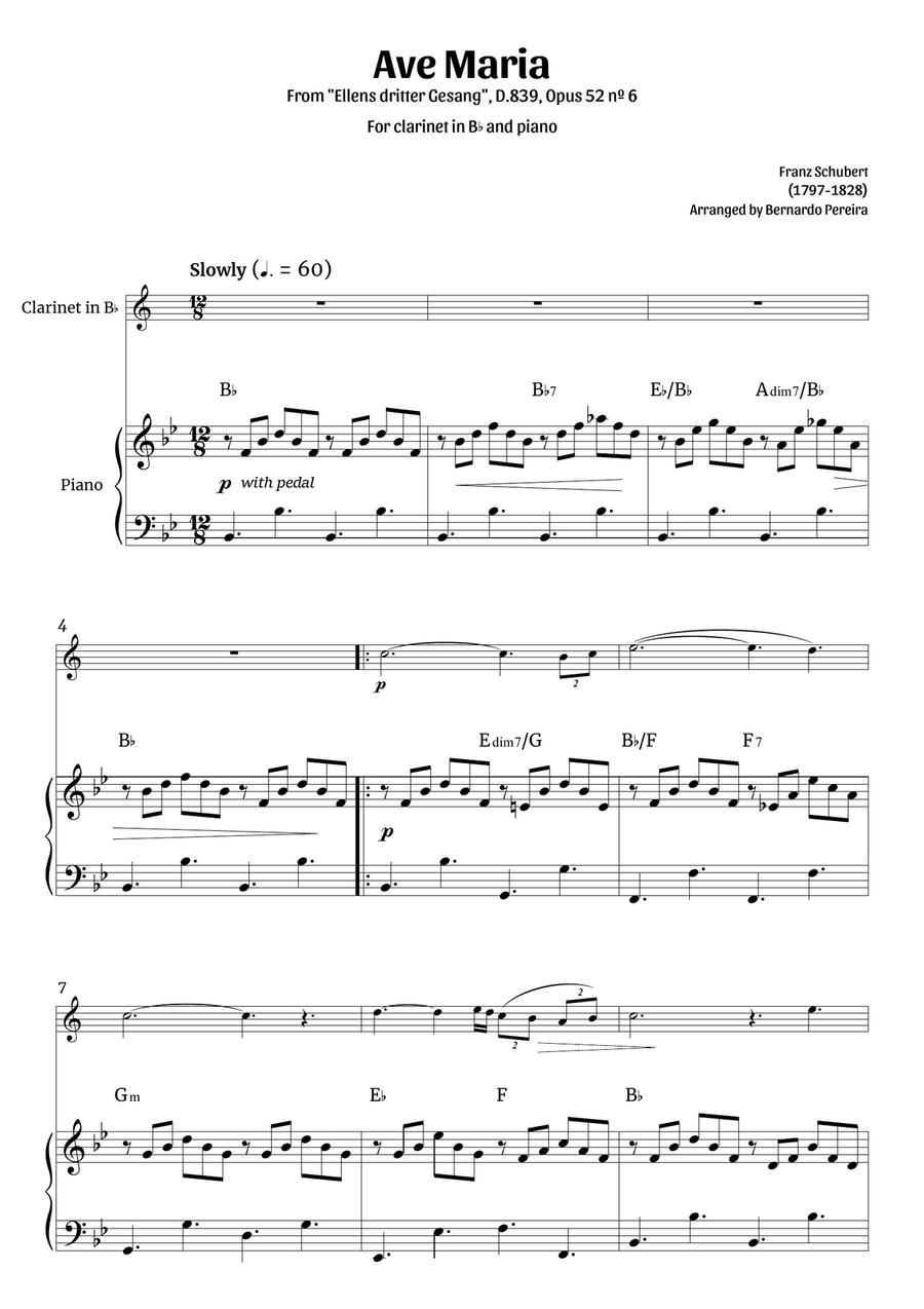 Ave Maria (clarinet and piano – clean with chords) B-Flat Clarinet scores gallery preview page 1