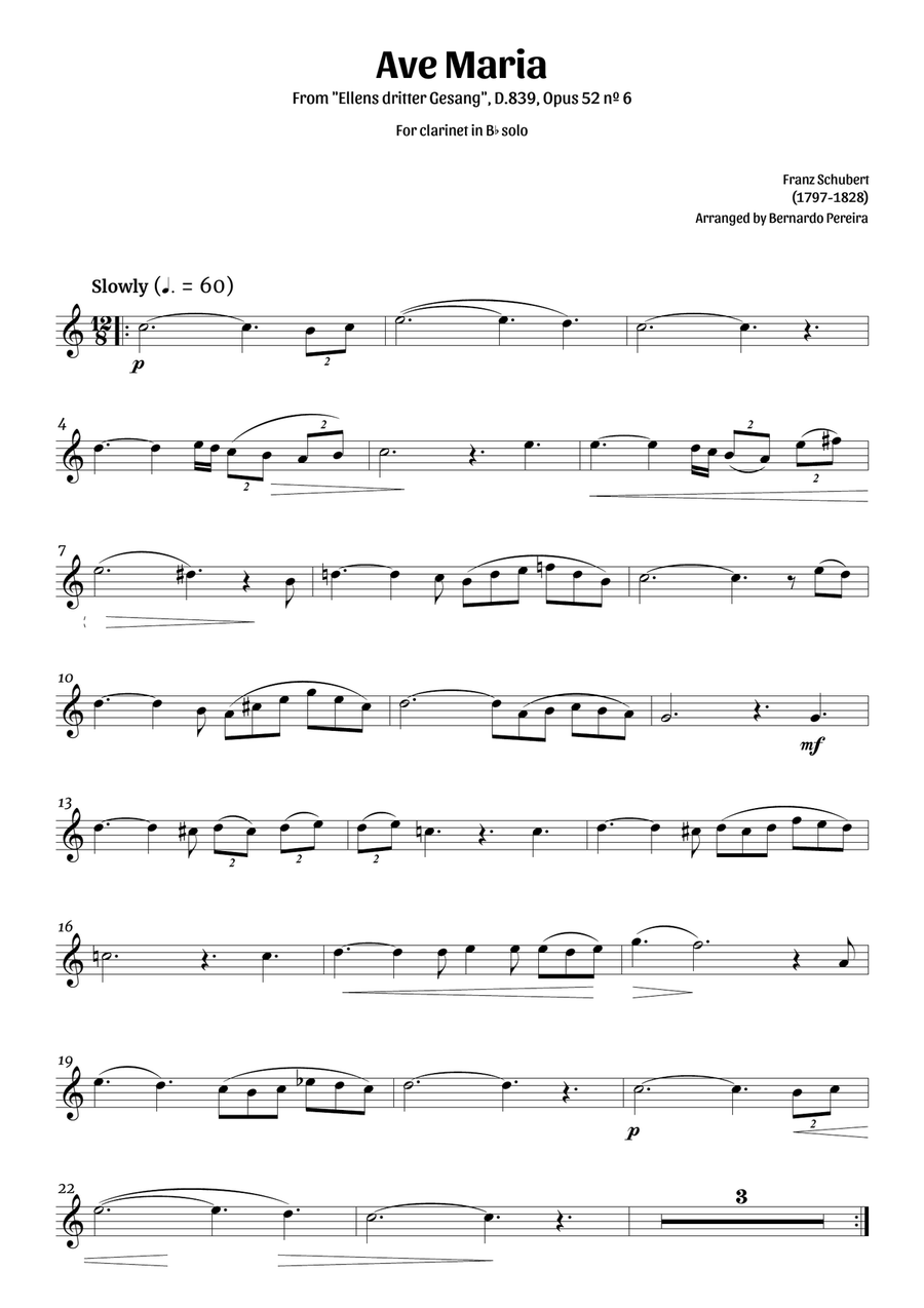 Ave Maria (clarinet solo) B-Flat Clarinet scores gallery preview page 1
