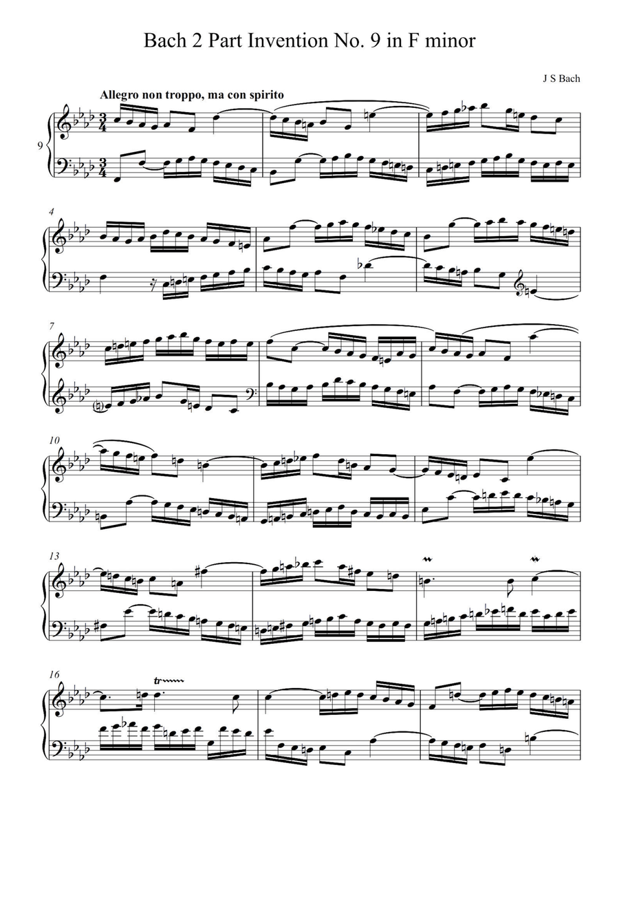 Bach 2 Part Invention No.9 in F Minor - Johann Sebastian Bach Piano Solo scores gallery preview page 1