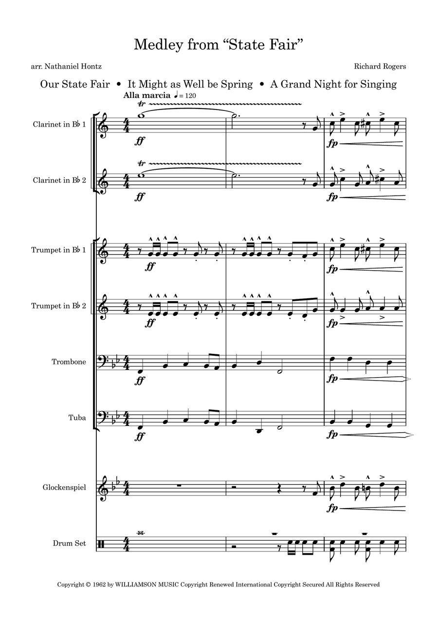 Medley: Our State Fair with It Might As Well Be Spring and It's A Grand Night For Singing Large Ensemble scores gallery preview page 1