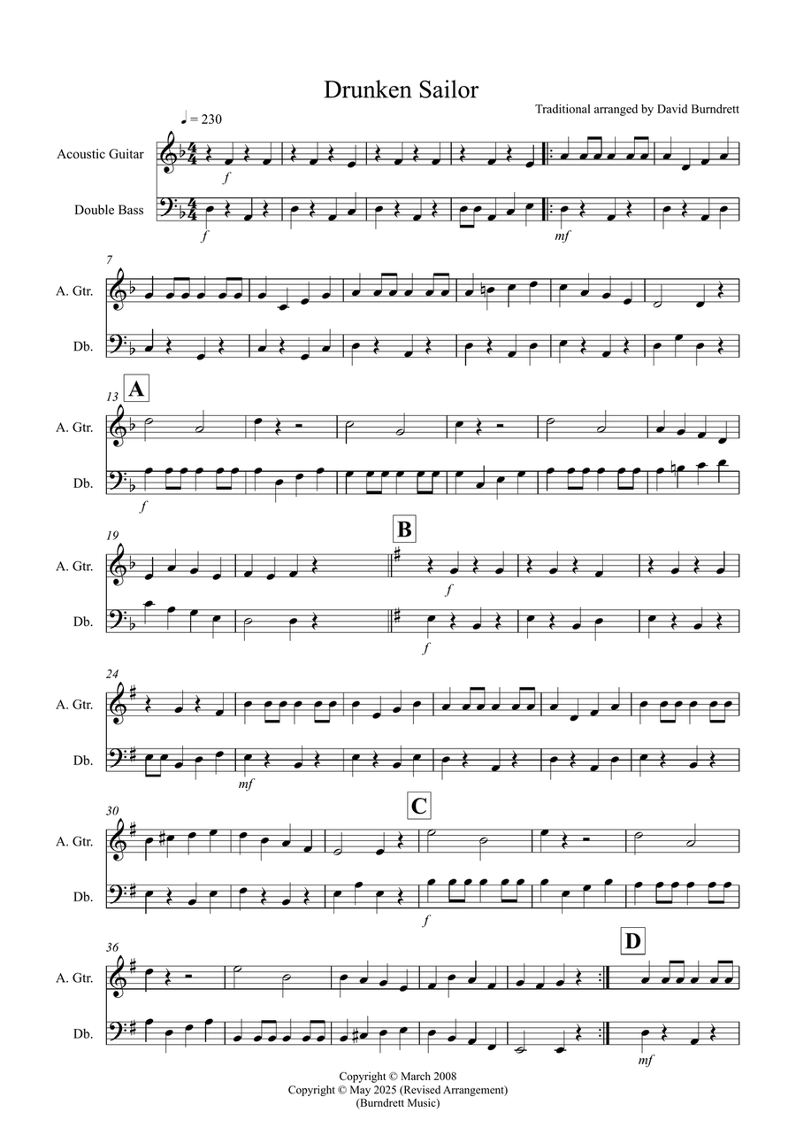 Drunken Sailor for Guitar and Double Bass Duet String Duet scores gallery preview page 1