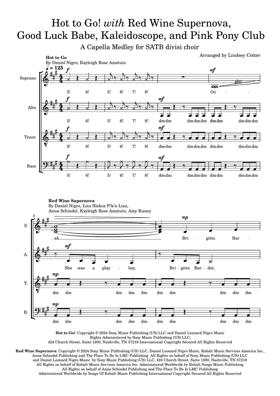Medley: Hot To Go! with Red Wine Supernova, Good Luck, Babe!, Kaleidoscope, and Pink Pony Club Divisi scores gallery preview page 1