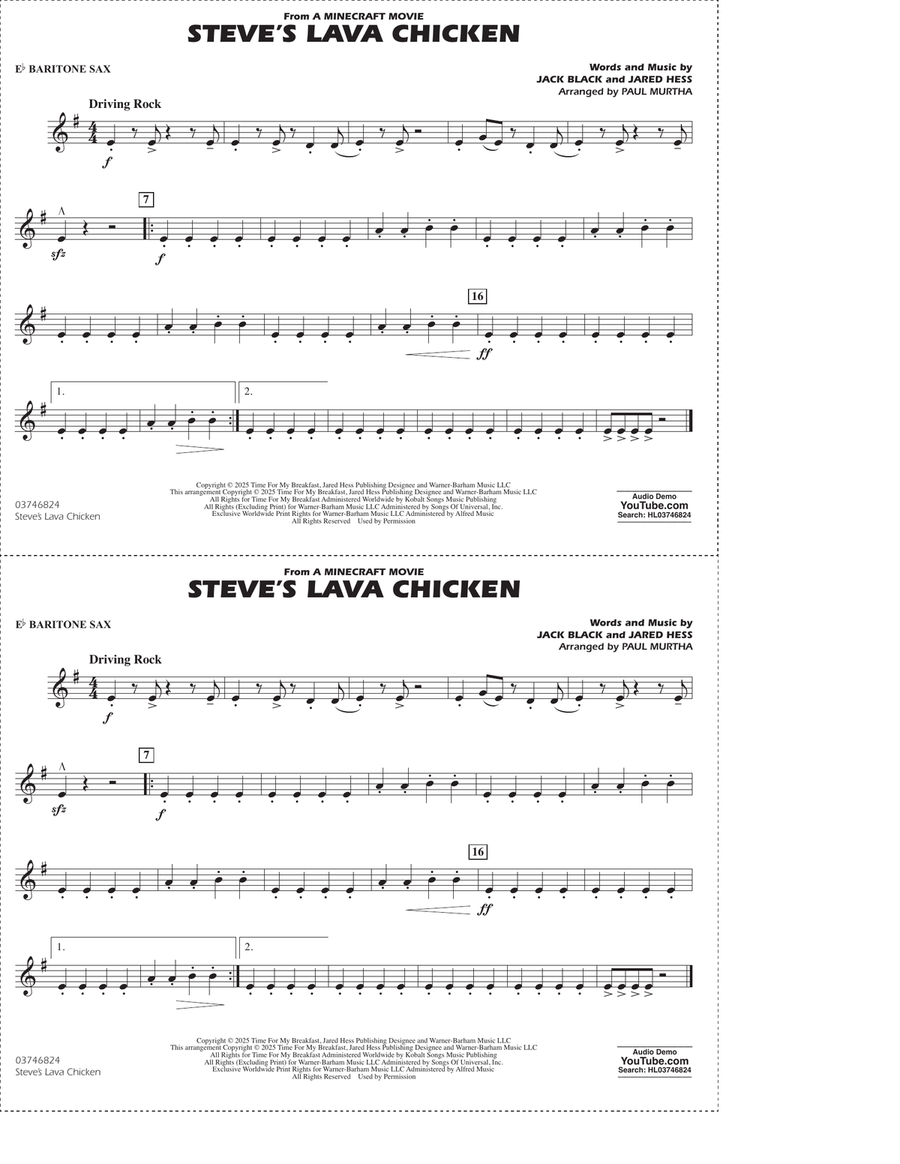 Steve's Lava Chicken (from A Minecraft Movie) (arr. Paul Murtha) - Eb Baritone Sax Marching Band scores gallery preview page 1