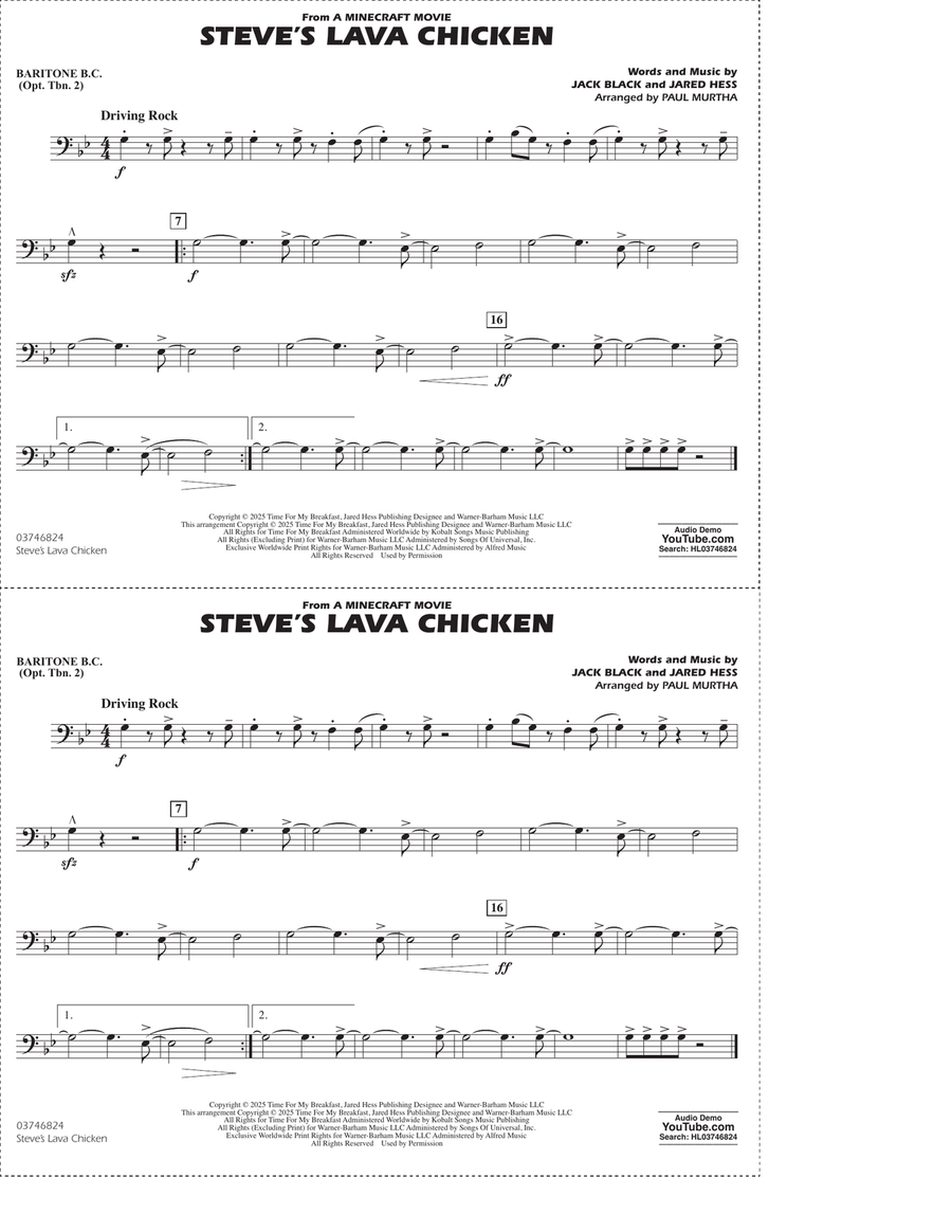 Steve's Lava Chicken (from A Minecraft Movie) (arr. Paul Murtha) - Baritone B.C. (Opt. Tbn. 2) Marching Band scores gallery preview page 1