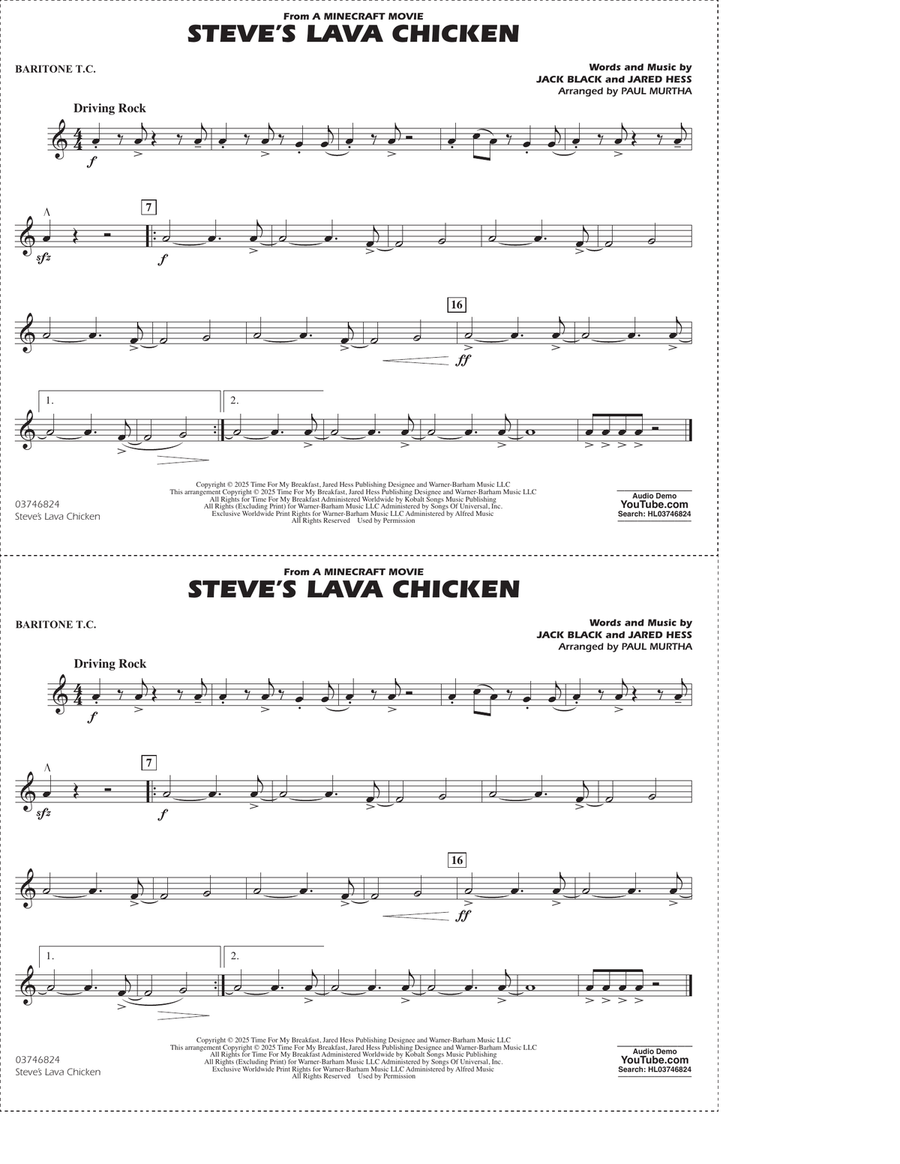 Steve's Lava Chicken (from A Minecraft Movie) (arr. Paul Murtha) - Baritone T.C. Marching Band scores gallery preview page 1