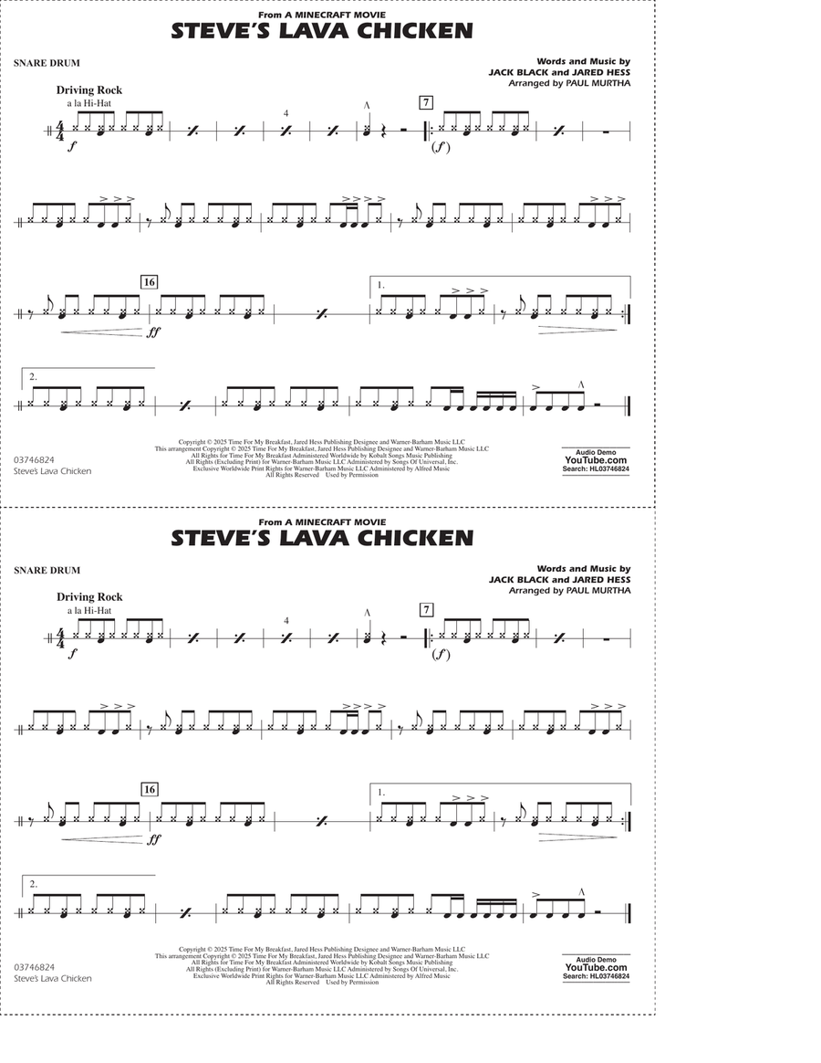 Steve's Lava Chicken (from A Minecraft Movie) (arr. Paul Murtha) - Snare Drum Marching Band scores gallery preview page 1