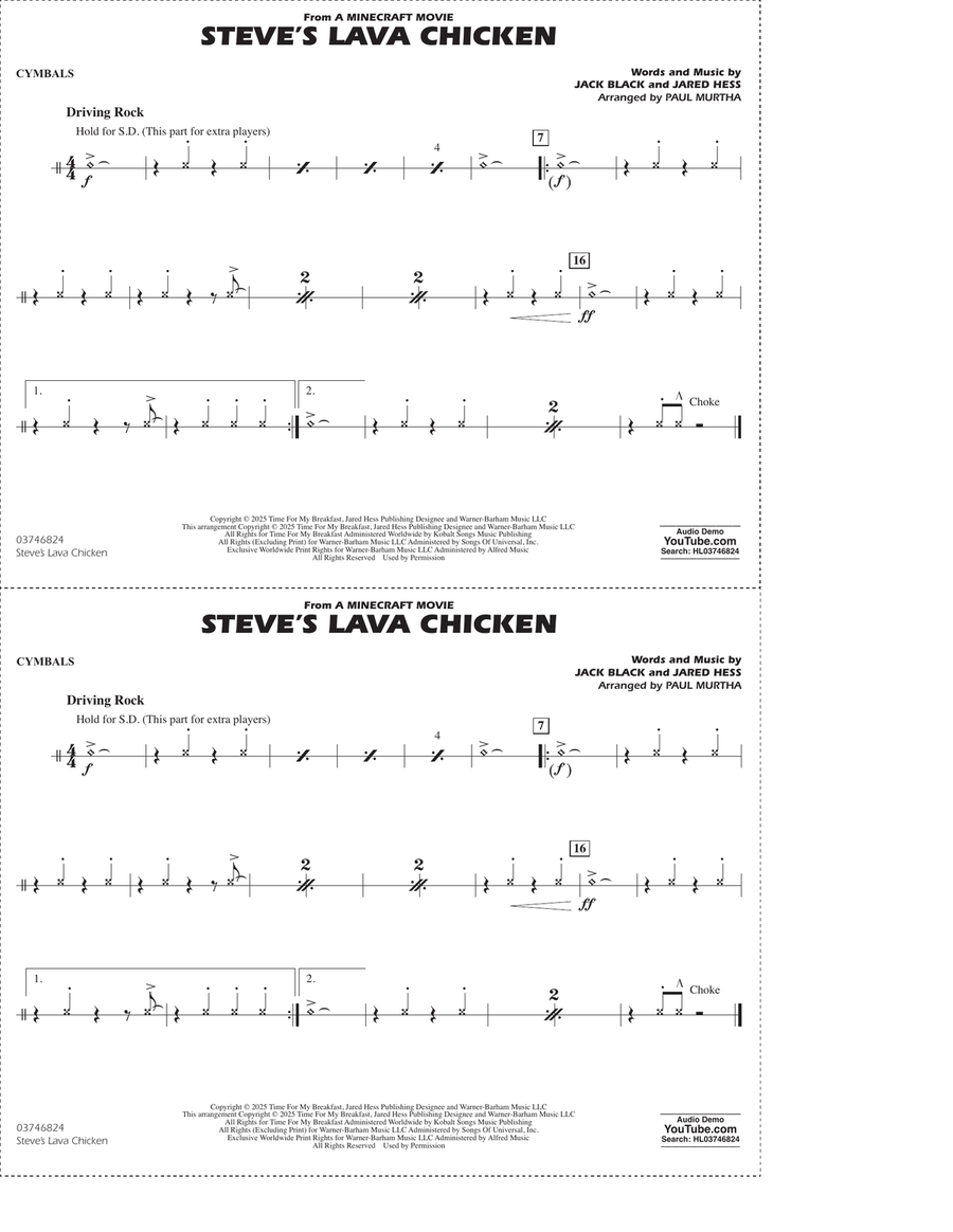 Steve's Lava Chicken (from A Minecraft Movie) (arr. Paul Murtha) - Cymbals Marching Band scores gallery preview page 1