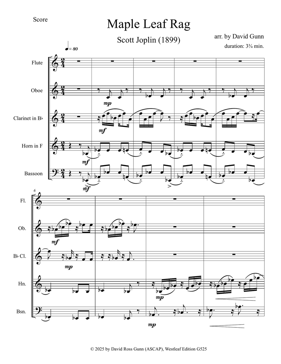 Maple Leaf Rag Maple Leaf Rag Woodwind Quintet scores gallery preview page 1