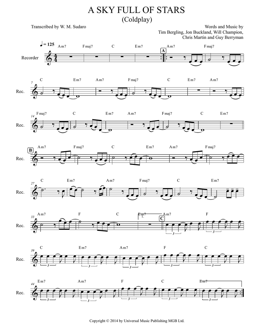 A Sky Full Of Stars A Sky Full Of Stars Recorder scores gallery preview page 1