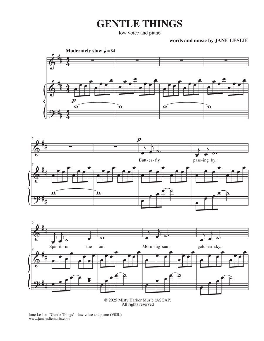 GENTLE THINGS - for Low Voice and Piano - by Jane Leslie Low Voice scores gallery preview page 1